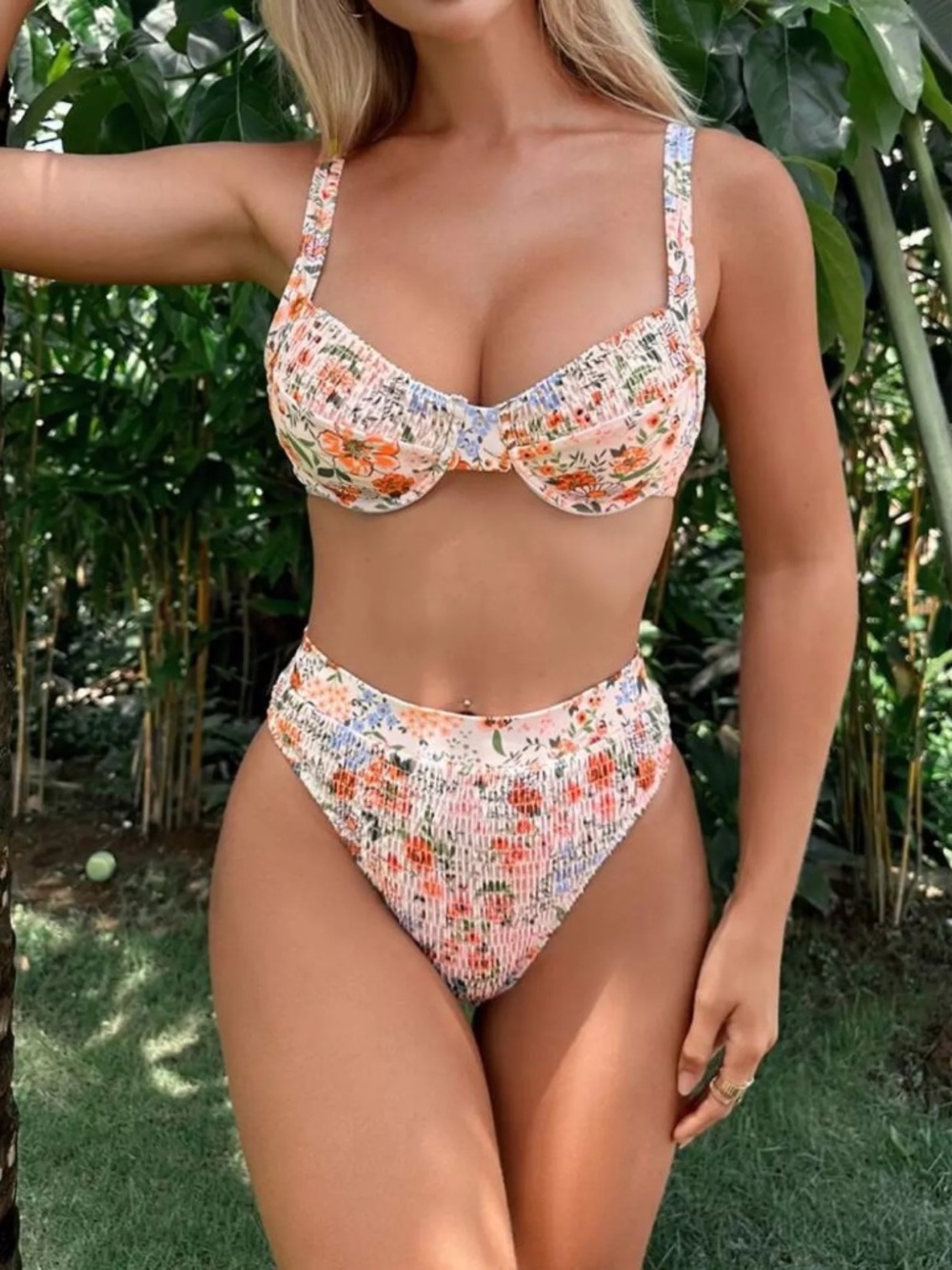 Shein Floral Smocked Bikini Set Underwire High Waist Swimwear Size Medium